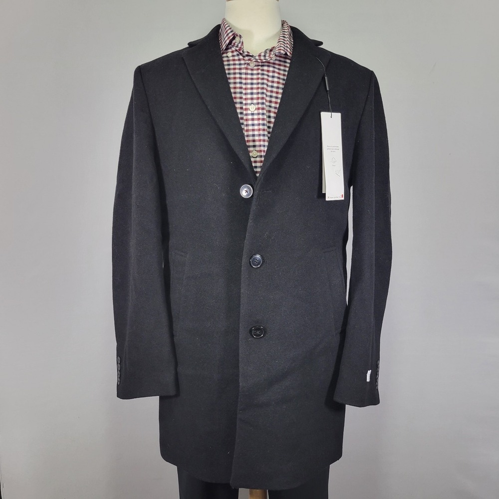 Calvin Klein Men's Flannel‎ Trench Coat Over Coat Black Wool Blend Size 42L